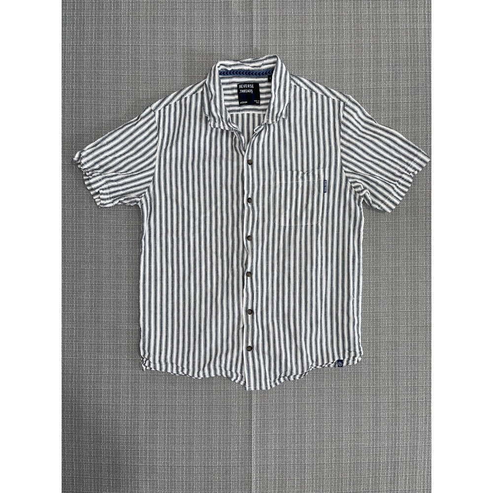 Reverse Threads Shirt Mens Medium White Gray Striped Cotton Button Up Casual
